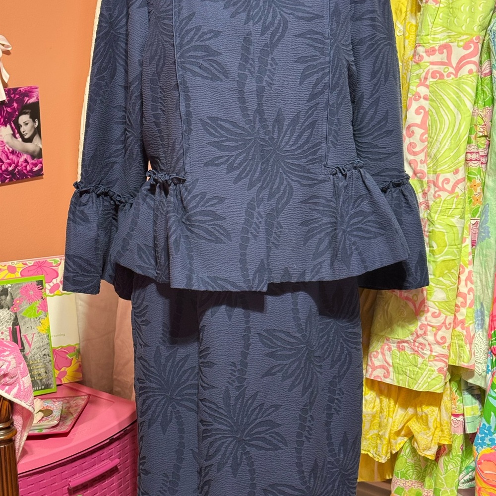 Lilly Pulitzer Navy Blue jacquard jacket and dress, size 12.